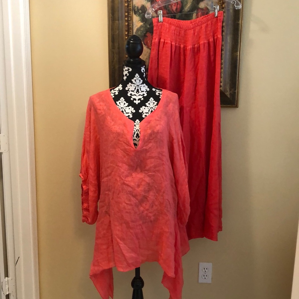 🇮🇹 Made In Italy 2-Piece Linen Bohemian Asymmetrical Top + Wide H-W Leg Pants